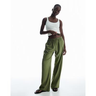 Bershka Linen Blend Trousers With An Elasticated Waistband Women Xs Khaki