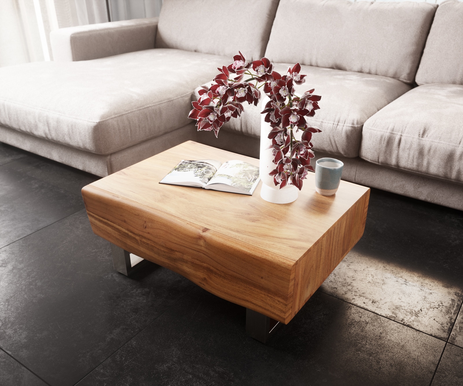 DELIFE Couchtisch New Live-Edge 80x60 cm Akazie Natur 2 Schubladen Kufe Edelstahl gebürstet, Couchtische, Baumkantenmöbel, Massivholzmöbel, Massivholz Image