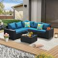 6 Pieces Patio Furniture Set All-Weather Outdoor Wicker Sectional Conversation Sofa Rattan Patio Seating Sofa with Cushion and Glass Table for Porch Poolside Peacock Blue