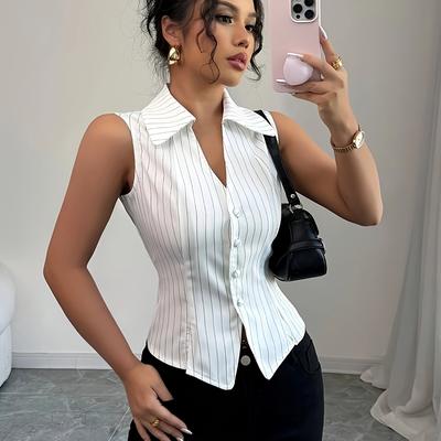 TEMU Women's Elegant Fashionable Commuter Casual Holiday V-neck Sleeveless Striped Top With Button Detail And Slit Hem, Suitable For Spring/summer Image