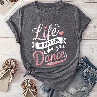 "TEMU Women's " With Dance" Graphic T-shirt - Vibrant Red Casual Short Sleeve Round Neck Top With Heart & , Machine Washable Spring Tee, Ladies Dance T Shirts, Dance Themed Clothing, Shirt" Image