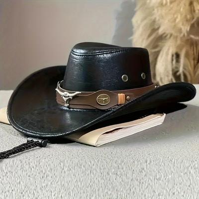 TEMU 1pc Vintage Style Western Cowboy Hat With Belt - Wide Brim Leather Jazz Cap, Sun Protection, Ideal For Spring, Summer, And Autumn Outdoor Activities, Cowboy Accessories Image