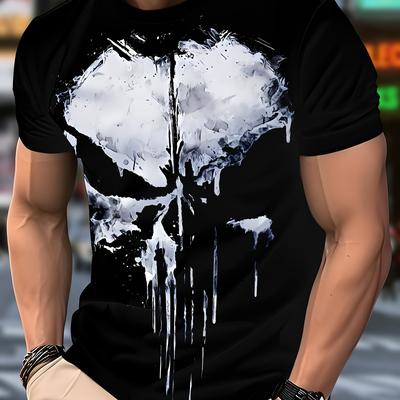 TEMU Men's Casual Crew Neck T-shirt, Polyester, Regular Fit, Solid Color With Skull Graphic Print, Stretch Fabric, Novelty Tee For Casual Attire Image