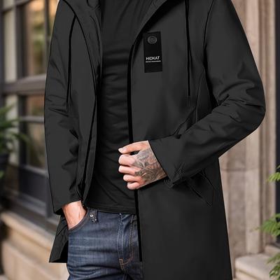 TEMU Men's Casual Hooded Mid-length Jacket - Softshell Regular Fit Zipper Front With Elastic Cuffs & Waist Pockets, Solid Color Spring/fall Outerwear, Zip Up Hoodie, Minimalistic Design, Sleek Texture Image