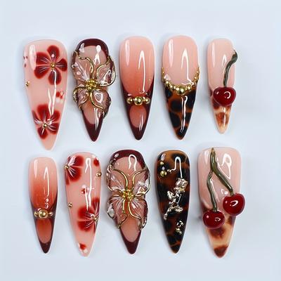 TEMU Box Of 10 Traditional Handmade Luxury Three-dimensional Elegant Floral Sweet Cherry Romantic Golden Leopard Print Sparkling Suitable For All Women And S Image