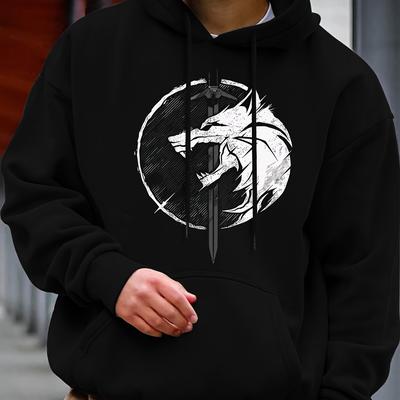 TEMU [] Men's Trendy Red Wolf Head Hoodie - Casual & Comfortable Long Sleeve Pullover, 100% Polyester, Machine Washable - Fall & Winter Image