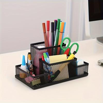 TEMU 4-tier Black Mesh Metal Desk Organizer - Multi-compartment Pen Holder With Non-slip Base For Office & Home, Ideal For Pencils, Scissors, Stationery Image