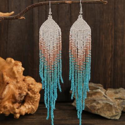 TEMU 1 Pair Bohemian Style Handmade Beaded Long Tassel Dangle Bead Earrings Suitable For Women's Image
