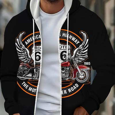 "TEMU Men's Motorcycle Graphic Hoodie - " Highway" Design With Eagle & Motorcycle Print, Black Zip-up Sweatshirt For Casual Outdoor Wear, Spring/fall, Drawstring Hood, Pockets, Motorcycle Riding Gear" Image