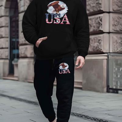 TEMU Usa Eagle Autumn And Winter Hooded Sweatshirt Set, 's Trendy Printed Hoodie, Men's Casual Sports Top, Drawstring Suit Image