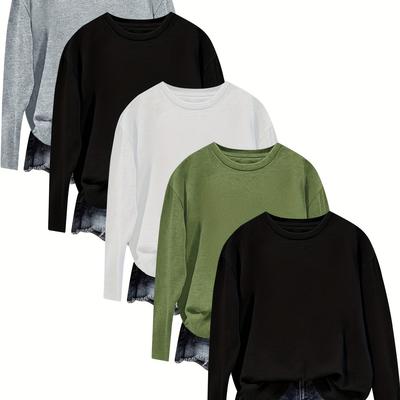 TEMU Stylish Solid Color Round Neck 5pcs Long Sleeve T-shirt Set For Women, Suitable For Spring, Summer, Autumn, And Winter Image