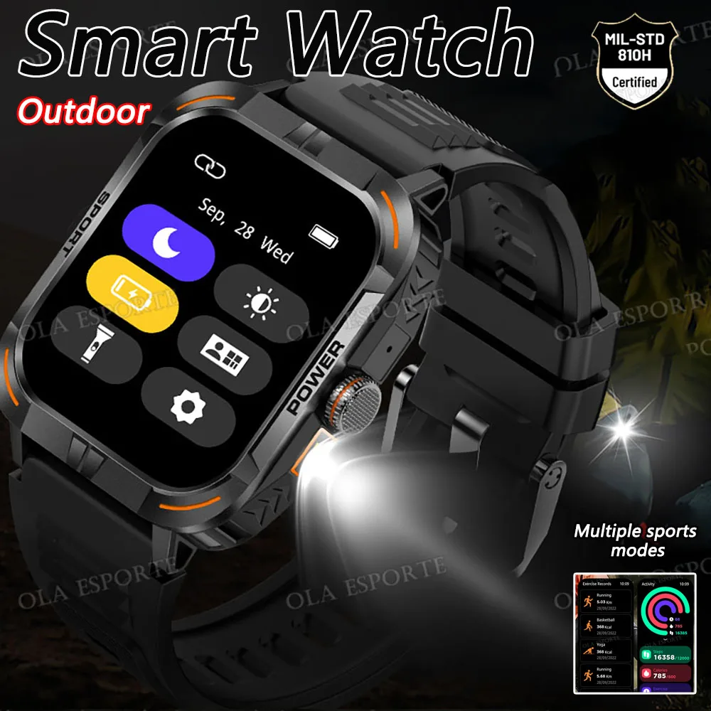 Outdoor Smart Uhr Männer 390*450 Aomled Bildschirm LED Taschenlampe Kompass Militär Sport Bluetooth Anruf Smartwatch Für Android IOS Image