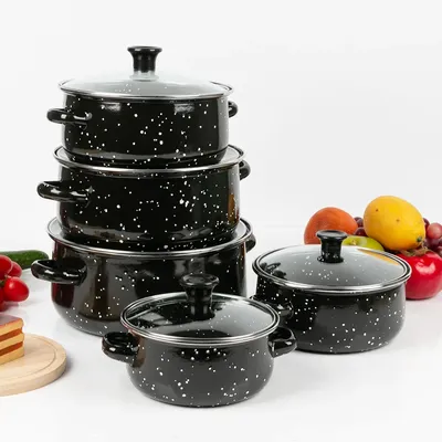 Enameled Pots and Pans Set of Three Enameled Amphora Soup Pots Outdoor Picnic Open Fire Stew Pots Kitchen Cookware