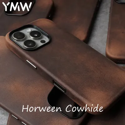 YMW Horween Genuine Leather Case for iPhone 15 16 Pro Max Luxury Business Cowhide Phone Cover