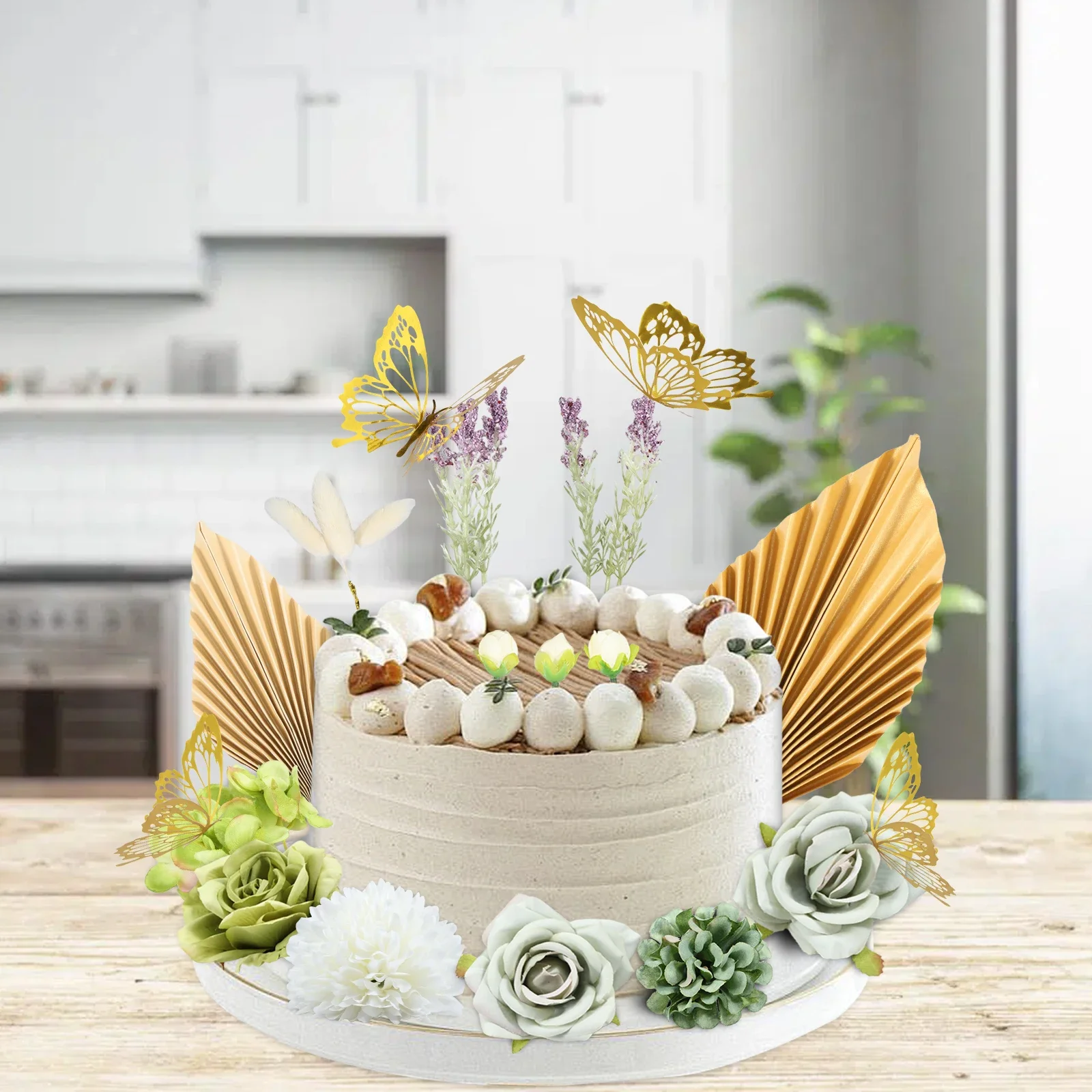 27 stücke Schmetterlinge Kuchen Dekor Blumen Kuchen Dekor Set Wiederverwendbare Palm Blätter Kuchen Topper Grüne Blumen Kuchen Topper Für DIY Kuchen Image