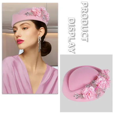 Elegante Filz Turban Hut Vintage Strass Blume Kirche Baskenmütze Hut Für Frauen Air Stewardess Party Cosplay Kappe Kostüm Zubehör Image