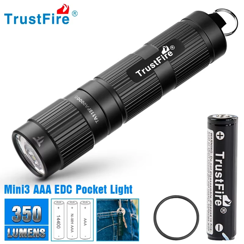 Trustfire Mini3 EDC LED-Taschenlampe, Schlüsselanhänger, Mini-Arbeitsleuchte, 350 Lumen, Weitspannungsdesign, 1,2 V/1,5 V/3,7 V/4,2 V, AAA 10440-Akku