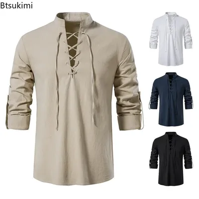 Herren-Piratenhemd, Wikinger, Retro, Renaissance, mittelalterlich, Gothic, viktorianisch, Halloween-Kostüm, lässig, Baumwolle, Leinen, Schnürung, Hippie-Hemden Image