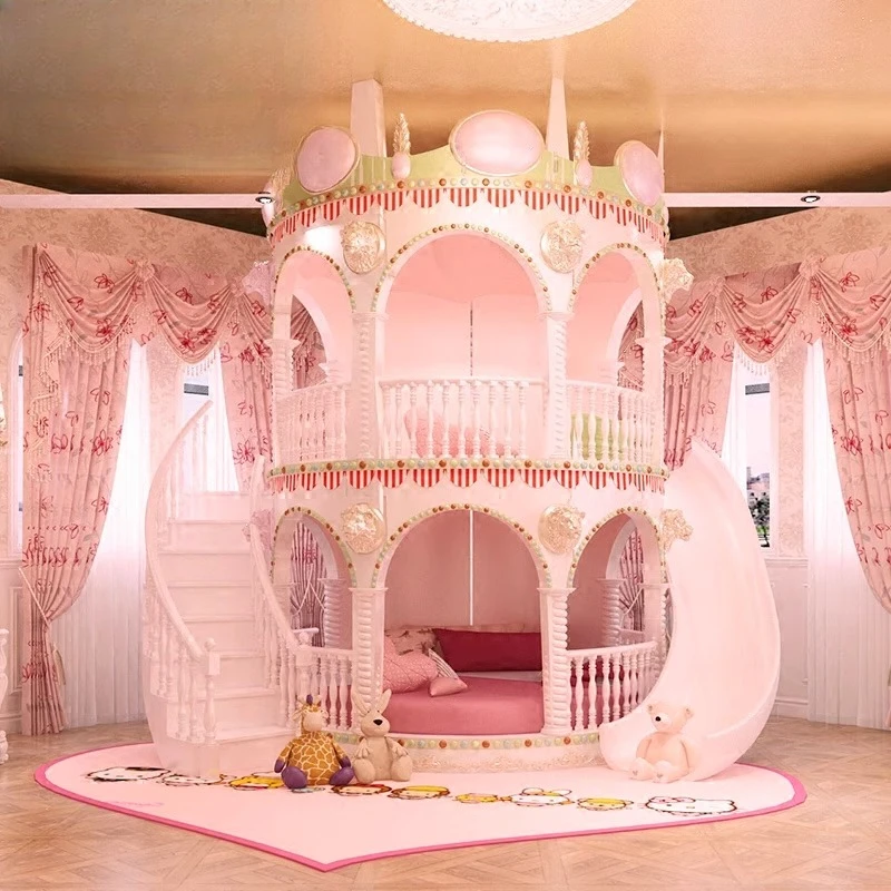 Europäisches rosa Mädchen-Traumschloss, hohes und niedriges Doppel-Prinzessinnenbett, Kinderbett mit Rutsche Image