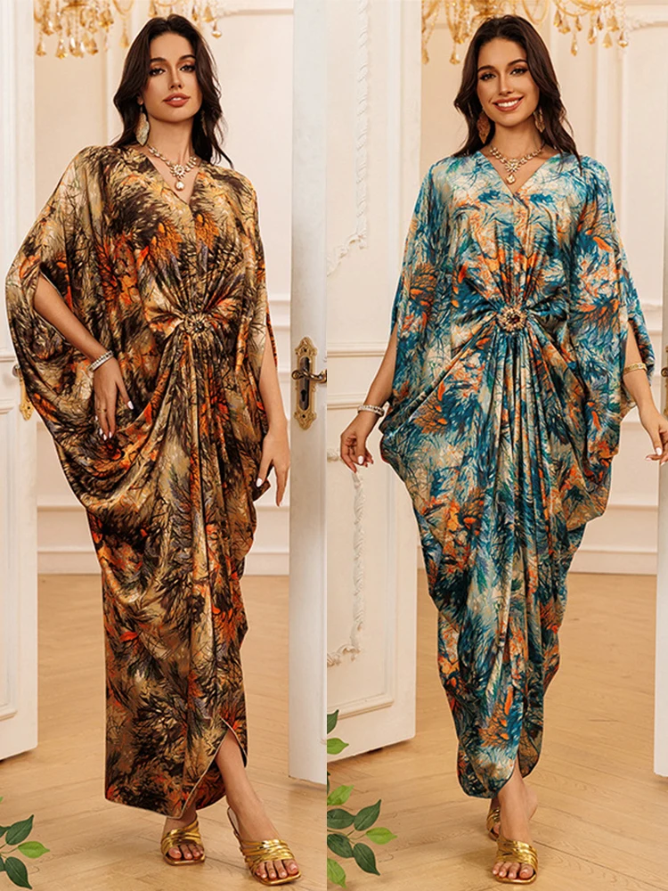 Eid Abito da donna Abaya musulmano Stampa scollo a V Party Jalabiya Ramadan Abiti lunghi Abaya Abiti Largos Caftano Arabo Abito lungo 2025