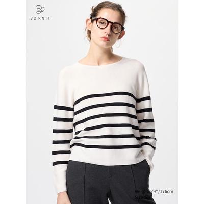 Uniqlo - 3d Knit Cotton Crew Neck Jumper (stripe) - White - XS