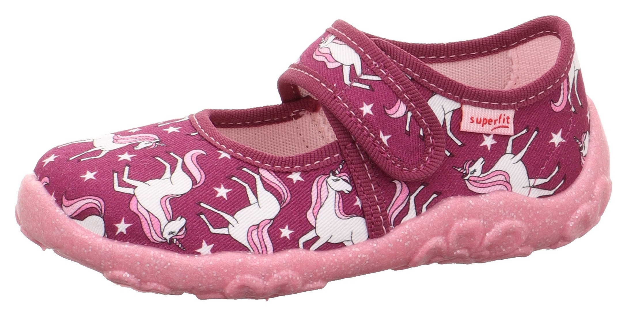 Hausschuh SUPERFIT "BONNY WMS: Mittel", Kinder, Gr. 26, rot (bordeaux einhorn), Baumwolle, Glitzer, Schuhe, Kindergartenschuh mit Einhorn-Motiv, Größenschablone zum Download Image