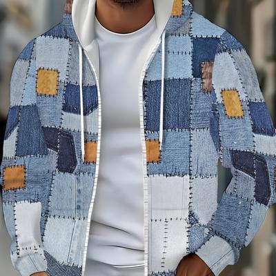 TEMU Men's Long Sleeve Zip-up Hooded Sweatshirt With Geometric Patch Pattern, Casual Outdoor Jacket For Fall And Winter, With Drawstring And Pockets Image