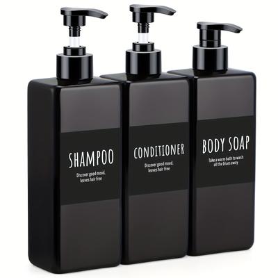 TEMU 3pcs 500ml Pump Dispenser Bottles With Labels - Refillable, Plastic For Shampoo, Conditioner, Body Wash - , Durable & Leak-proof Design For Bathroom Essential Image
