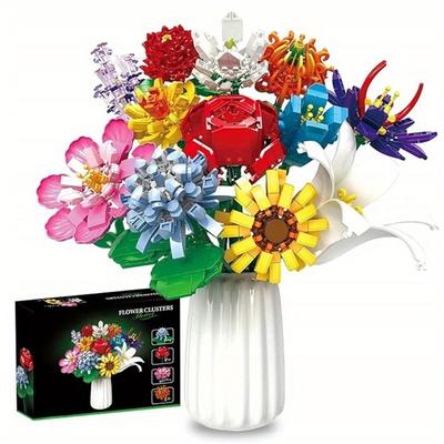 TEMU 1 Sets Building Block Bouquet Decorative Artificial Diy Exquisite Gift Beauty, Flowers Bouquet Building Set, Gift For Lover, Famliy (excluding Vase) Image
