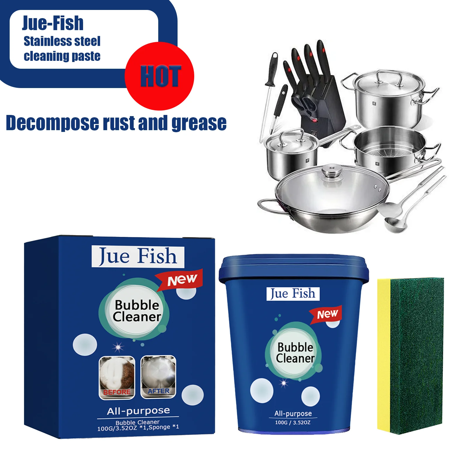 Jue-Fish Edelstahl-Reinigungspaste: All-in-One-Lösung für Küchengeschirr | Beseitigen hartnäckigen schwarzen Einlagen, Rost und Fett Image