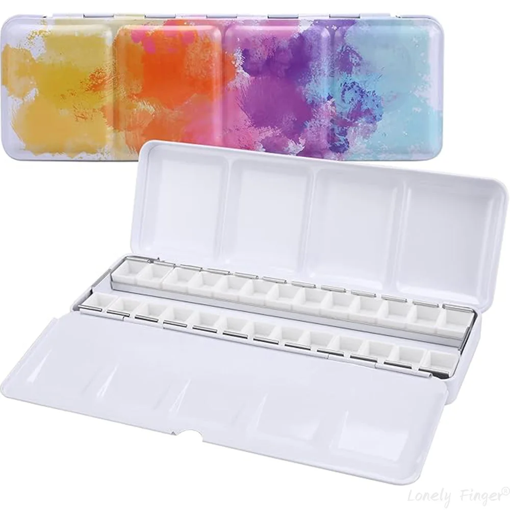 Aquarellpalette, leere Aquarelldose mit ausklappbarer Palette, mittelgroße bunte Palette mit 26 leeren Halbpfannen zum Malen Image