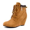 Flock Round Toe High Heels Stiefeletten für Frauen Schnür-Reißverschluss Wedges Stiefel Damen Winterschuhe Frau Schwarz Gelb Stiefel Frauen