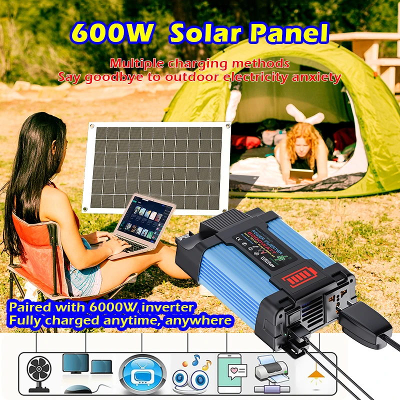 600 W Solarstrom-Kit – inklusive 600 W Solarpanel 110 V/220 V Wechselrichter und 12 V Laderegler für komplettes Energiesystem Image