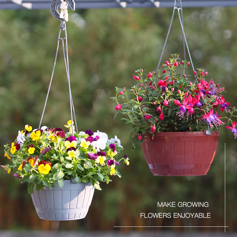 Neue PP Harz Kunststoff Blumentopf Atmungsaktive Selbst-bewässerung Faul Blumentopf Hängen Holz Barrel Muster Hängen Topf Garten Liefert Image