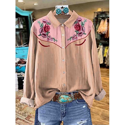 Damenhemd Leinenartig Atmungsaktiv Leicht Knopf-Down Tunika Hemdkragen Lange Ärmel Floral Grafik Western Freizeit Reguläre Oberteile Arbeit Alltag Druck Blassrosa Gelb Rot Frühling Herbst Winter Image