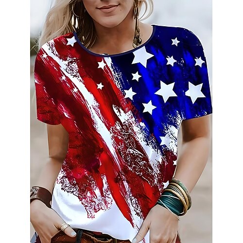 Unabhängigkeitstag Patriotisches Shirt Damen T-Shirt Grafik Flagge Vintage Stylisch Klassisch Kurzarm Rundhals Reguläre Oberteile Alltäglich Wochenende Print Schwarz Weiß Marineblau Königsblau Image