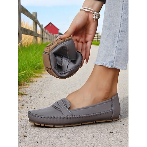 Graue Mokassin-Fahrflats für Frauen – Weiche faltbare Schuhe mit rutschfester Sohle für Roadtrips Fahrten und tägliche Besorgungen Image