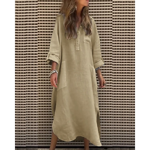 Damen Midikleid Hemdblusenkleid Klassisch Modern Outdoor Urlaub Ferien Normale Passform Einfach Langarm V Ausschnitt Rosa Purpur Khaki Grau Sommer Image
