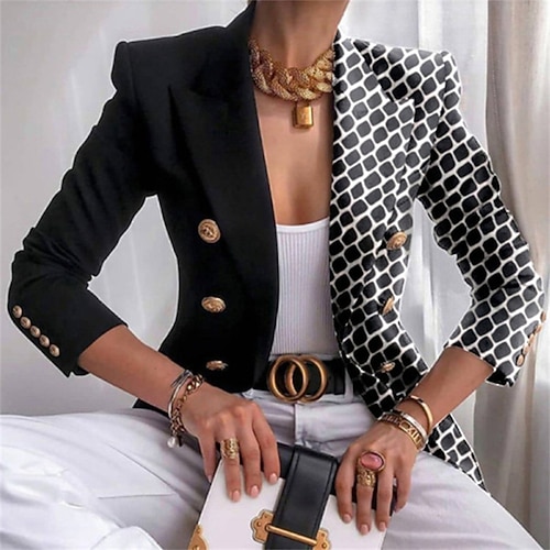Damen Blazer Bequem Druck Elegant Mode Lässig Muster Ausgehen Alltagstauglich Strickjacke Regulär Revers Normale Passform Langarm Oberbekleidung Schwarz Gelb Braun Frühling Herbst