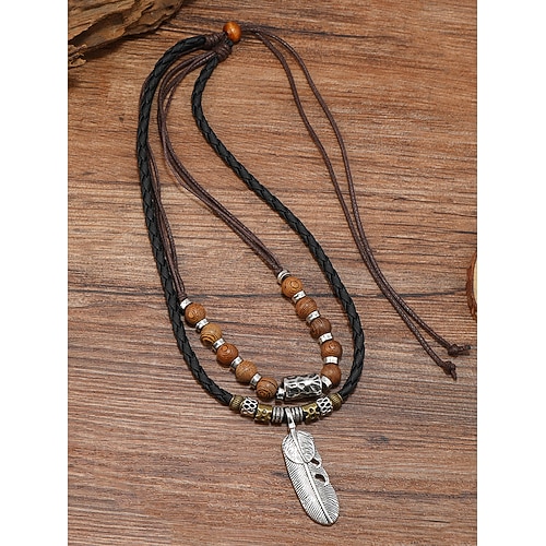 Herren-Halskette mit Vintage-Federanhänger und türkisfarbenen Perlen – Lederseilschmuck im Tribal-Stil für Festivals, Reisen und den Alltag Image