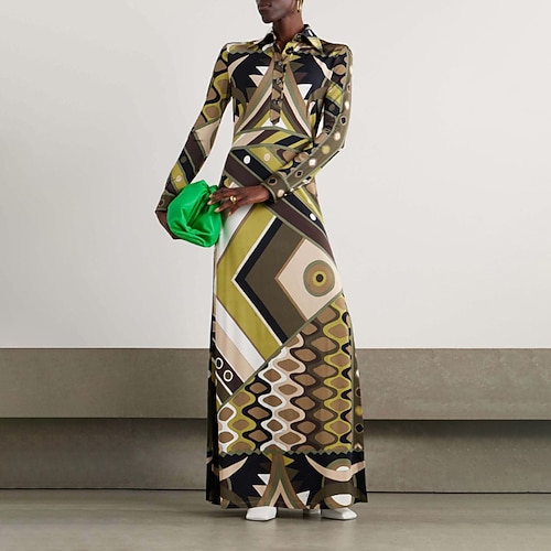 Damen Langes Kleid Maxikleid Druckkleid Mode Modern Täglich Outdoor Urlaub Normale Passform Geometrisch Langarm Hemdkragen Grün Herbst Image