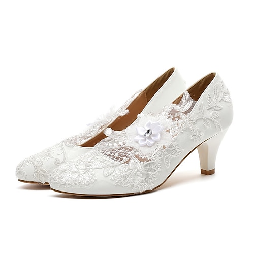 Weiße Brautschuhe mit Spitzenabsatz für Damen – elegante Brautschuhe mit Blumenmuster, hohem Absatz und Blumenverzierung für Bräute und formelle Anlässe Image