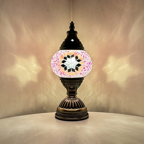 türkisches Mosaiklampen-Set, dekorativer Glastisch, Nachttischlicht für Wohnzimmer und Schlafzimmer, basteln Sie Ihre eigene Lampe, antiker Bronzesockel Image