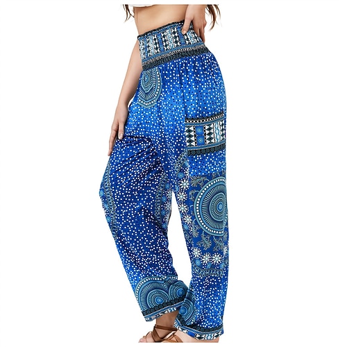 Damen Hosen Hose Gerade Mode Boho Volle Länge Hohe Taille Druck Elastischer Bund Bequem Atmungsaktiv Mikroelastisch Straße Alltagskleidung Ausgehen Blau Schwarz Weiß Rote Sommer Normale Passform Image