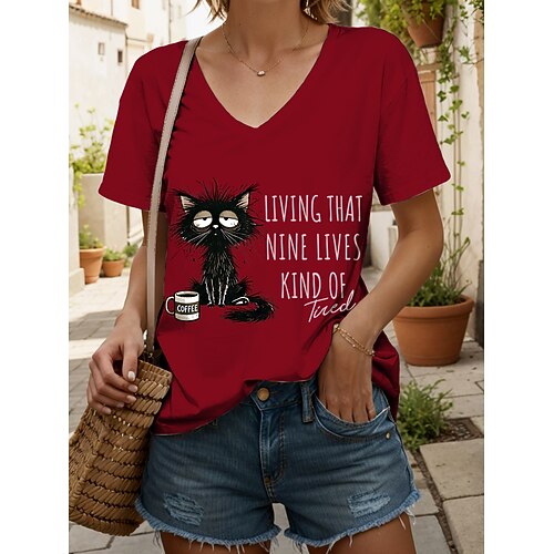 Damen T Shirt Druck Grafik Tiermotiv Katze Vintage Stilvoll Klassisch Kurzarm V Ausschnitt Normale Oberteile Täglich Blau Schwarz Weiß Rosa Rote Sommer Frühling Image