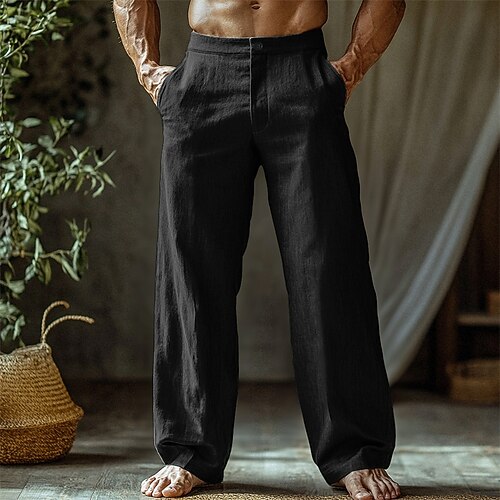 Herren Leinenhosen Hose Sommerhose Strandhose Knöpfe Tasche Gerader Schnitt Einfach Komfort Atmungsaktiv Urlaub Täglich Ferien Hawaiianisch Boho Schwarz Weiß