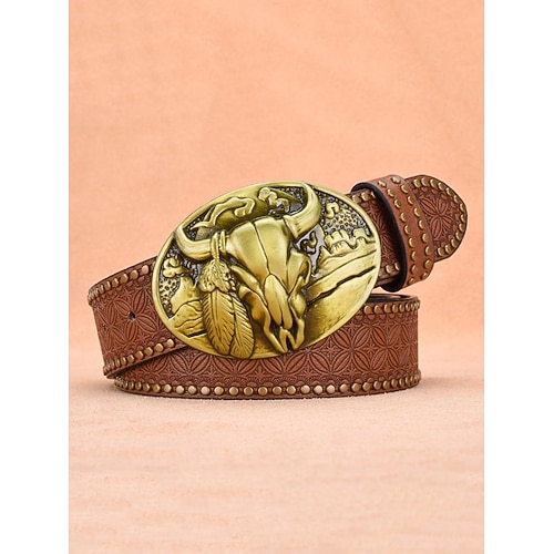 Herrengürtel aus Kunstleder im Westernstil mit einer bronzenen Schnalle in Form eines Bullenschädels, perfekt für Freizeit- und Cowboy-Outfits Image