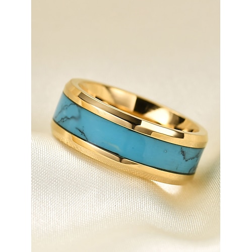 Herrenring aus Edelstahl mit blau-türkisfarbener Einlage, poliertes Comfort Fit Band, Schmuck im Westernstil für den Alltag, Hochzeiten oder als Geschenk Image