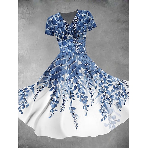 Damen Midikleid Shiftkleid Sommerkleid Elegant Urlaub Lässig Normale Passform Blumen Grafik Kurzarm V Ausschnitt Rote Blau Leicht Blau Sommer Frühling Image