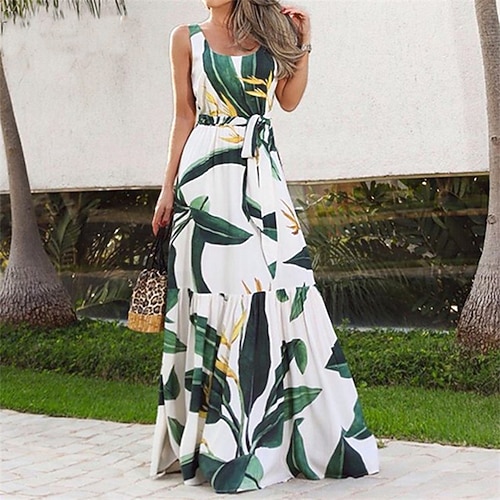 Damen Langes Kleid Maxikleid Freizeitkleid Schwingkleid Sommerkleid Unterkleid Elegant Mode Modern Täglich Strand Wochenende Normale Passform Blume Ärmellos Rundhalsausschnitt Schwarz Weiß Gelb Image